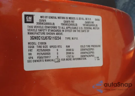 2007 Chevrolet Avalanche C1500 from USA, damaged, VIN 3GNEC12J67G110234